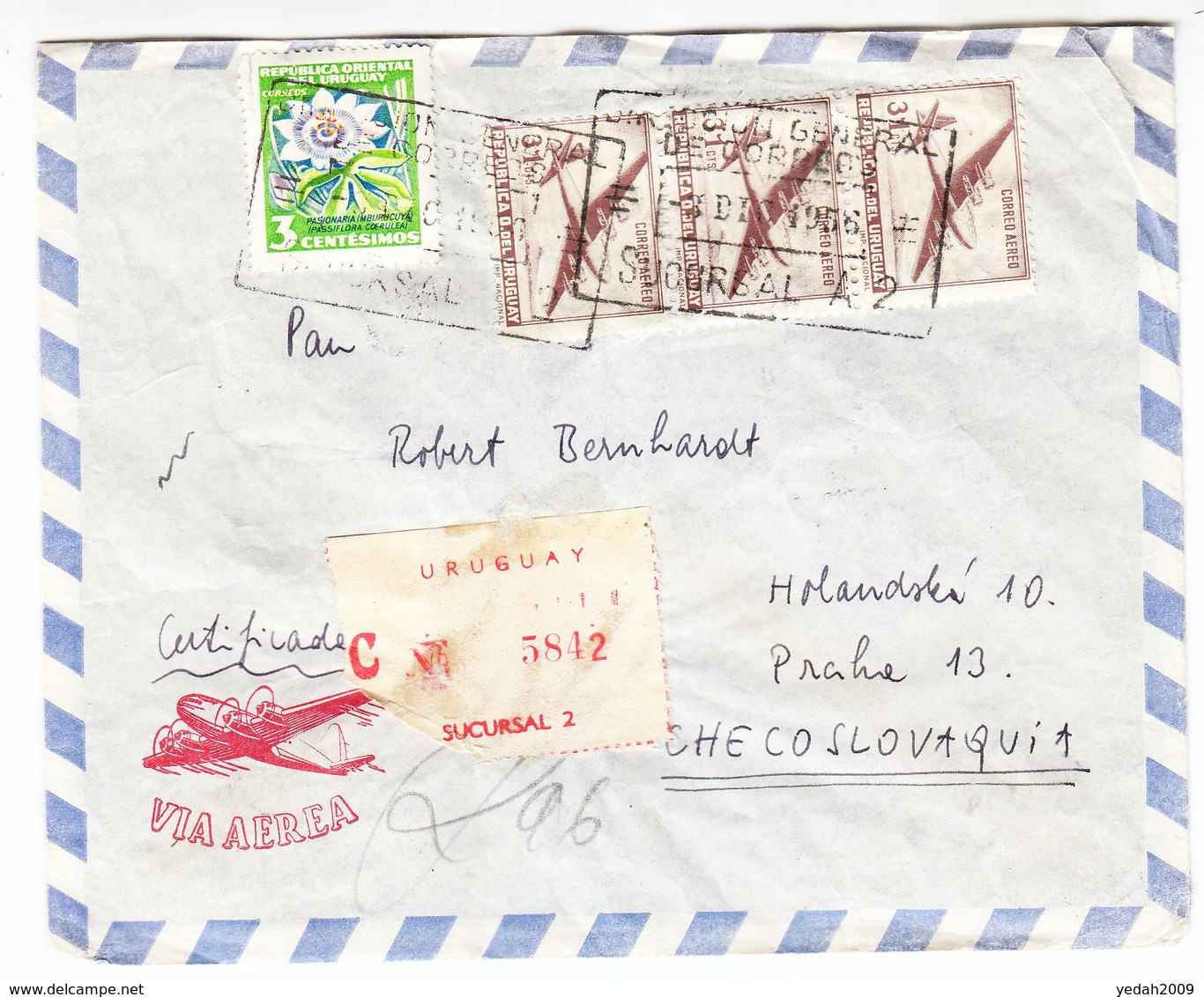 Uruguay Sucursal AIRMAIL REGISTERED COVER 1956 - Uruguay