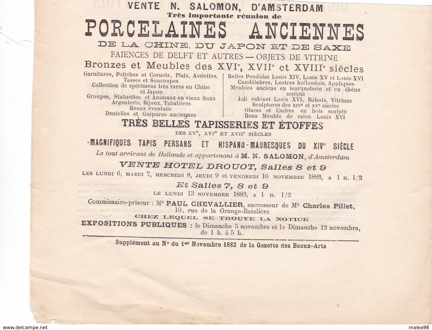 VENTE AUX ENCHERES A  DROUOT 1882 ,,,,, VENTE N. SALOMON D' AMSTERDAM ,,,,TRES BELLES PORCELAINES  ANCIENNES ,,,,,_ - Autres & Non Classés