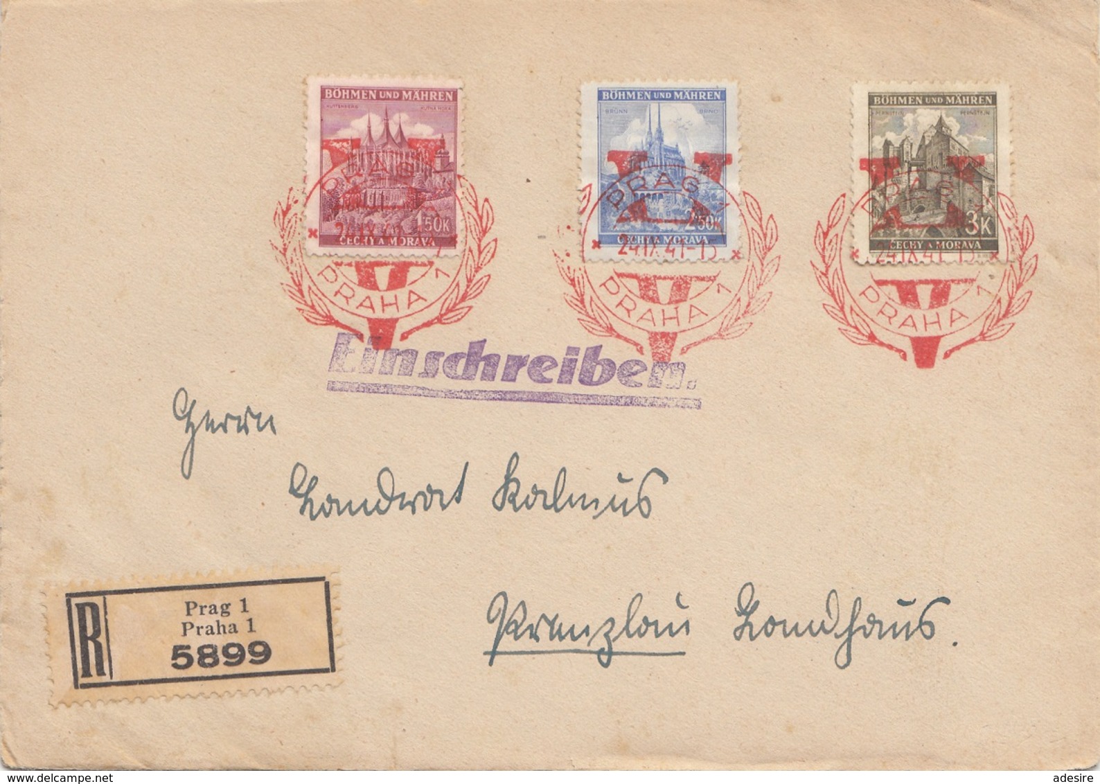 BÖHMEN Und MÄHREN 1941 - 3 Fach Frankierung Auf R-Brief Gel.v. PRAG > PRENZLAU - Briefe U. Dokumente