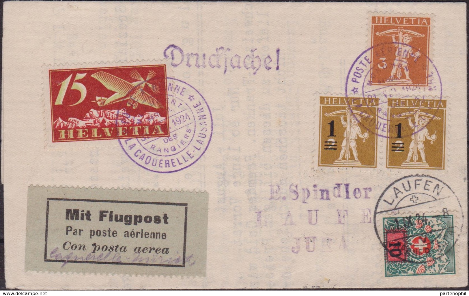 Svizzera Swiss - 661 – Lettera Di Posta Aerea Del 31.12.24 Da La Caquerelle Per Lousanne, Doppio Cerchi Violetto Su Let - Storia Postale