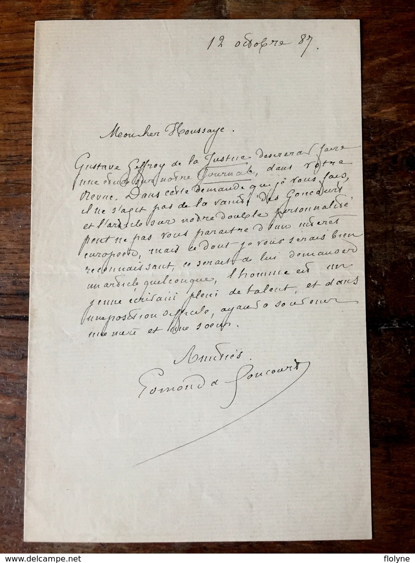 " Edmond De GONCOURT ( 1822 - 1896 ) " Lettre Manuscrite 1887 Avec Signature Autographe - Ecrivain Et Fondateur Académie - Autres & Non Classés