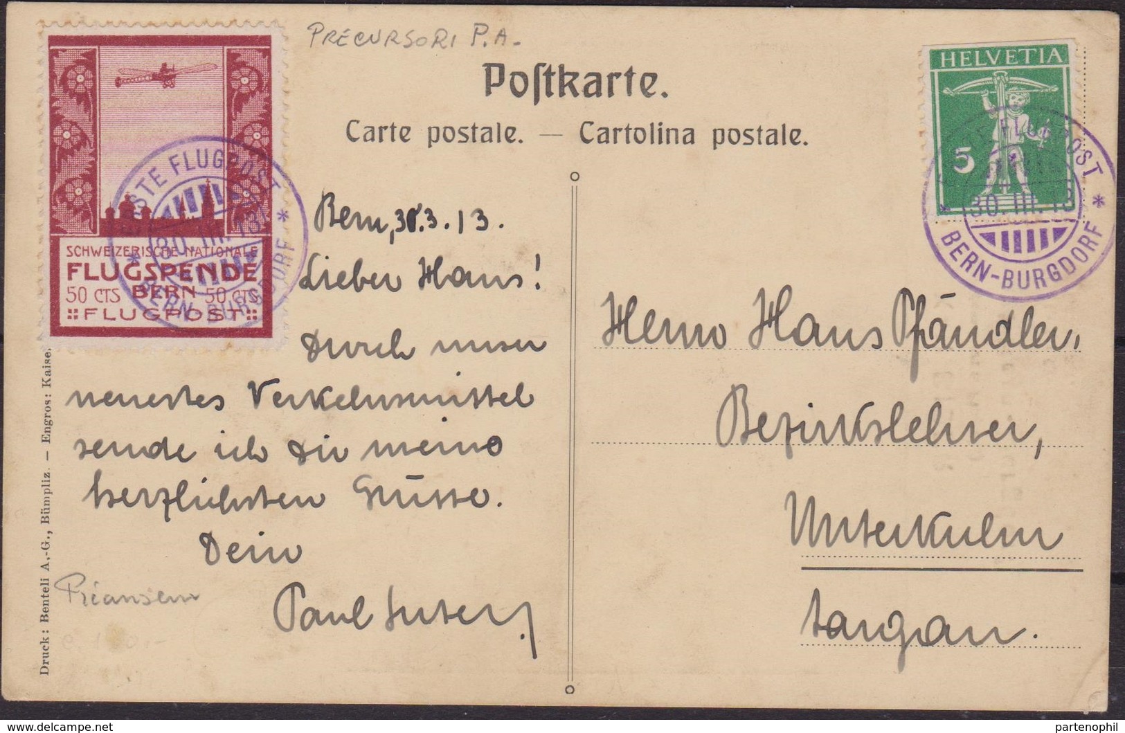 Svizzera Swiss - 665 – Cartolina Di Posta Aerea Del 30.3.13 Berna-Burgdorf, Affrancata Con Percursori Di P.a. 50 C. N. I - Storia Postale