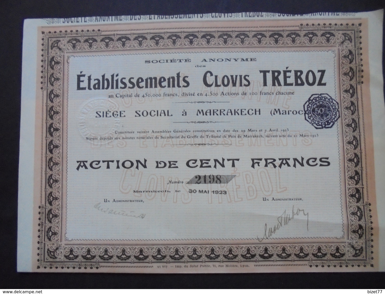 MAROC - ETABLISSEMENTS CLOVIS TREBOZ - ACTION 100 FRS - MARRAKECH 1923 - Sonstige & Ohne Zuordnung