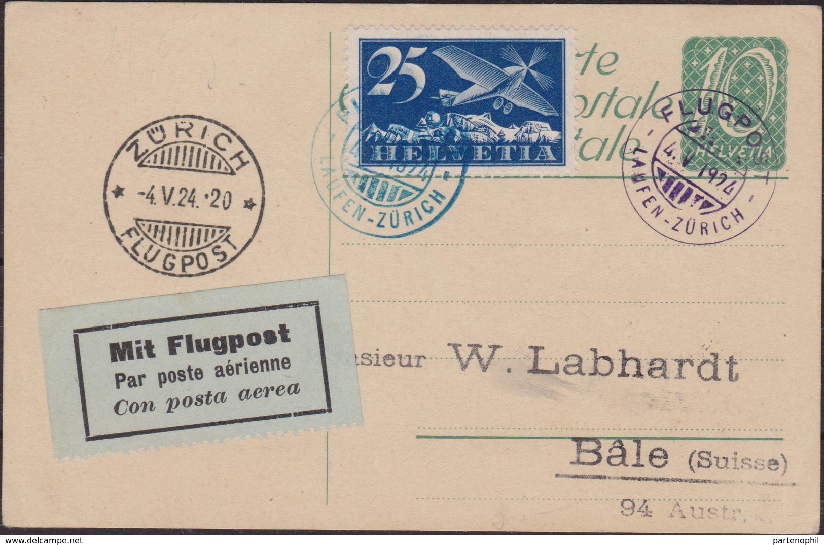 Svizzera Swiss - 669 – Doppio Cerchio Azzurro “Flugpost Laufen-Surich”, Su Cartolina Postale Da 10 C. Con Affrancatura C - Marcofilia