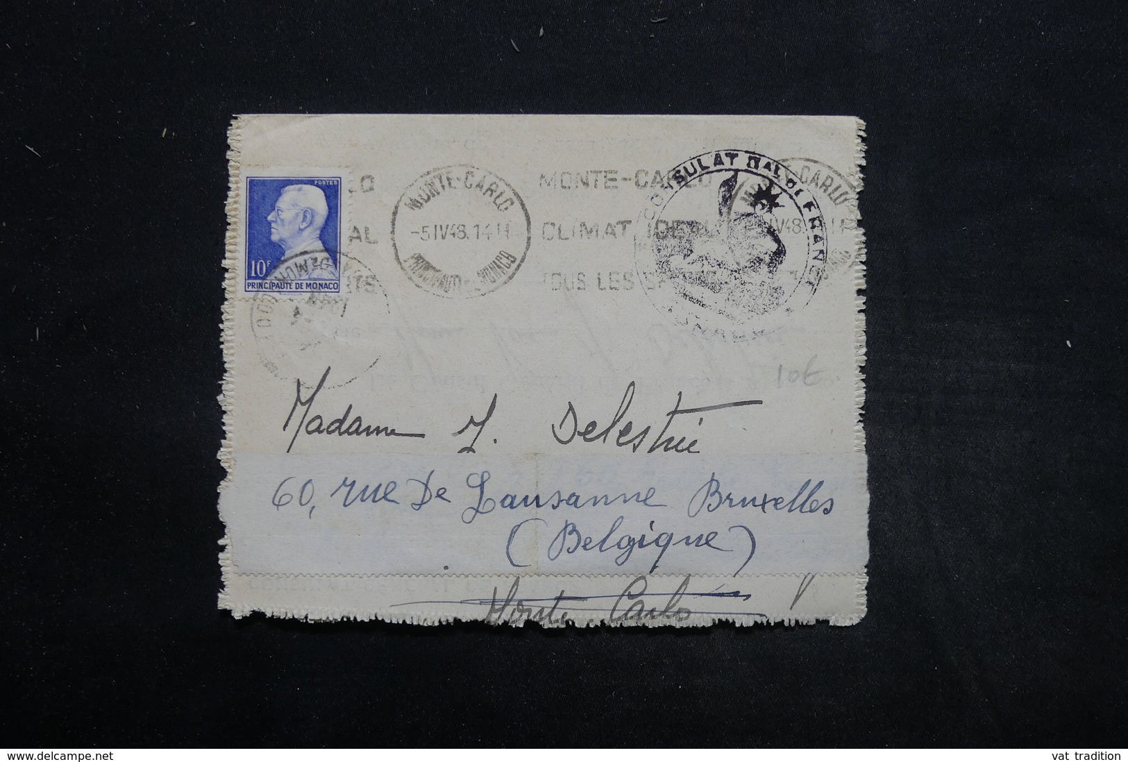 MONACO - Carte Lettre De Monaco Pour La Belgique En 1948 , Cachet Du Consulat De France - L 25590 - Briefe U. Dokumente