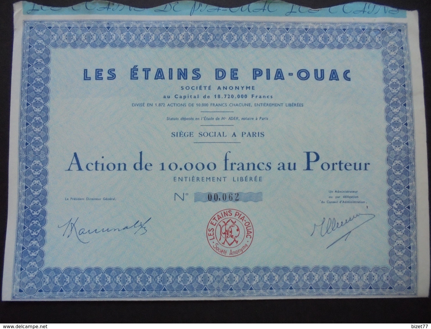 INDOCHINE - LES ETAINS DE PIA-OUAC , ACTION DE 10 000 FRS - PARIS - Other & Unclassified