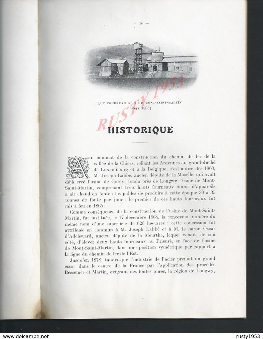 TRES RARE TYPE LIVRE DE 1913 DE 71 PAGES ILLUSTRÉE SUR LA SOCIÉTÉ DES ACIÉRIES DE LONGWY USINES A MONT SAINT MARTIN :