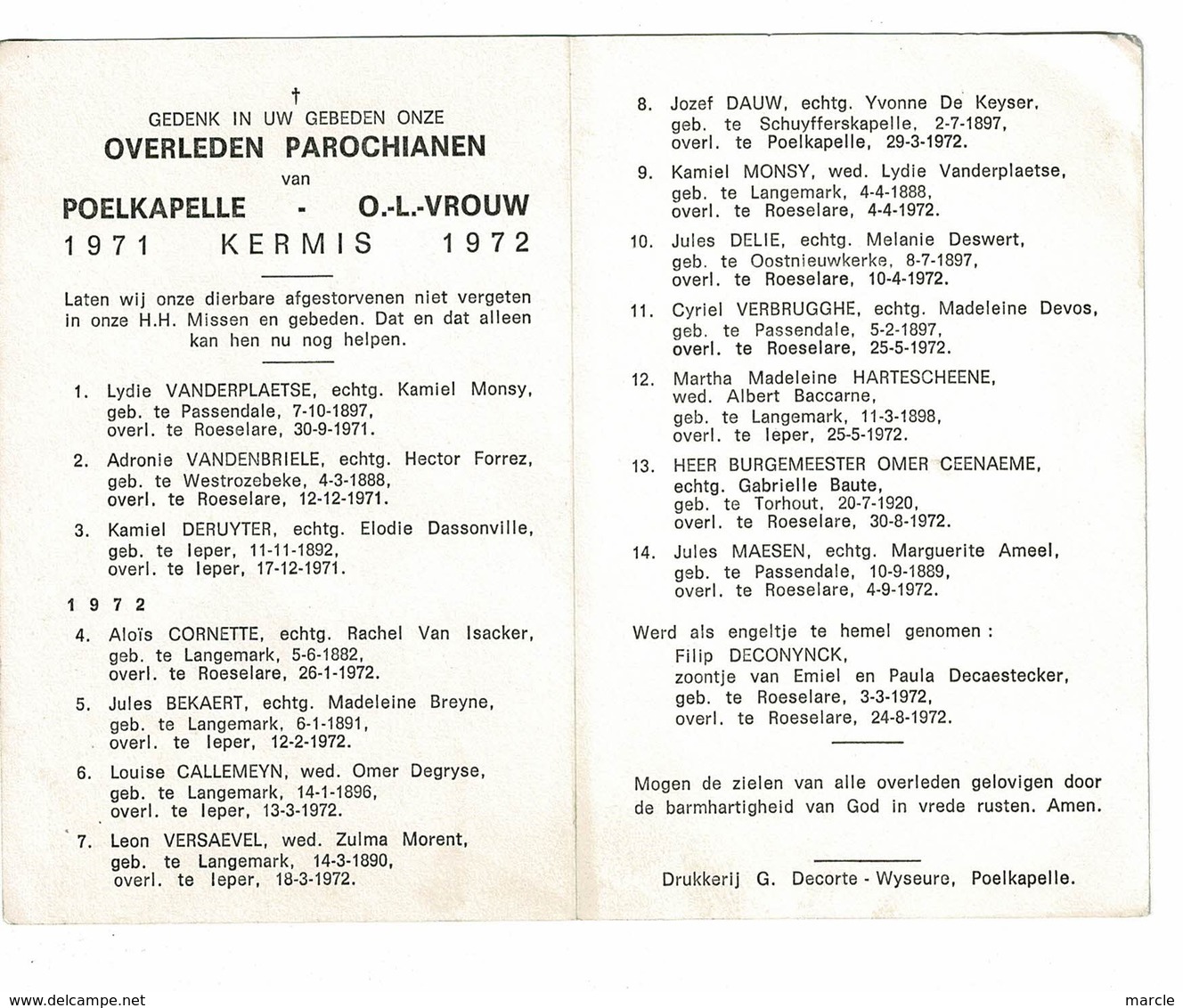 Poelkapelle 1971 Kermis 1972 Gedachtenis Overleden Parochianen O.-L.-Vrouw - Décès