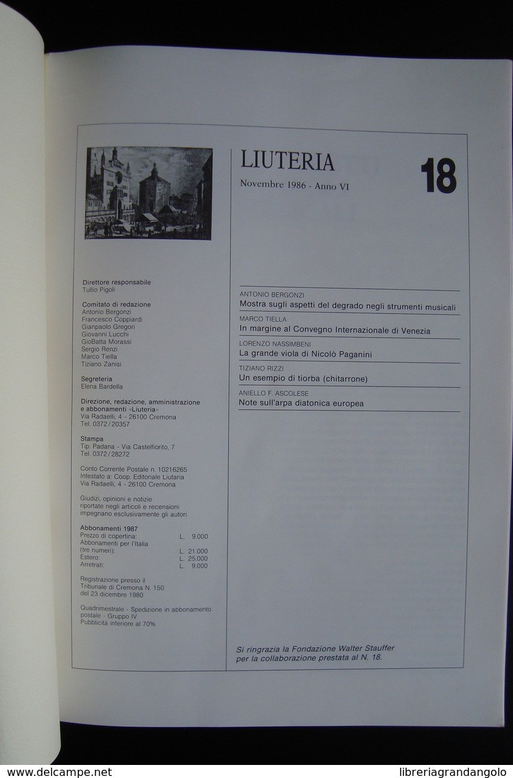 Liuteria Rivista Tecnica Cultura Ricerca Organologica Anno VI N 18 Nov 1986 Cr - Non Classificati