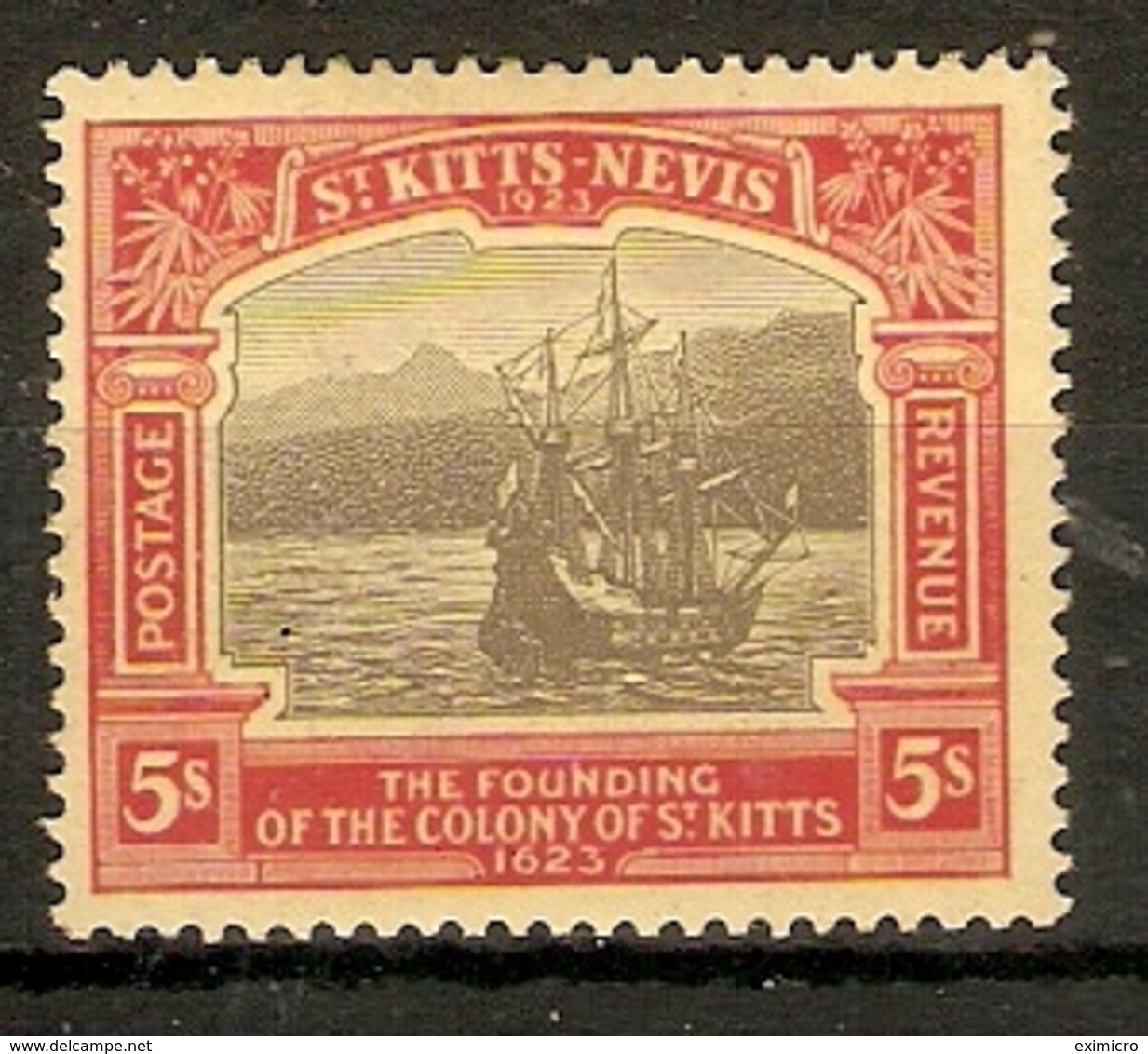 ST KITTS-NEVIS 1923 TERCENTENARY 5s  SG 59 LIGHTLY MOUNTED MINT Cat £90 - St.Christopher-Nevis & Anguilla (...-1980)