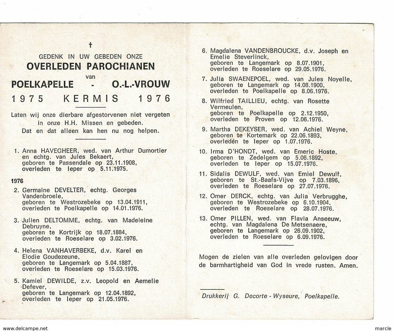 Poelkapelle 1975 Kermis 1976 Gedachtenis Overleden Parochianen O.-L.-Vrouw - Todesanzeige