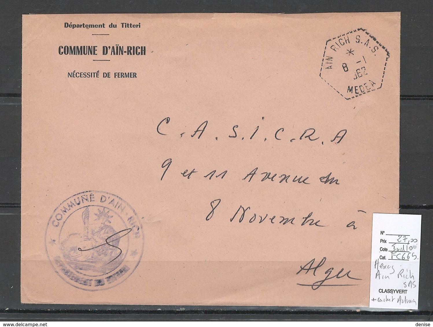 Algerie - Lettre  - Cachet Hexagonal AIN RICH SAS  -  Marcophilie - Covers & Documents