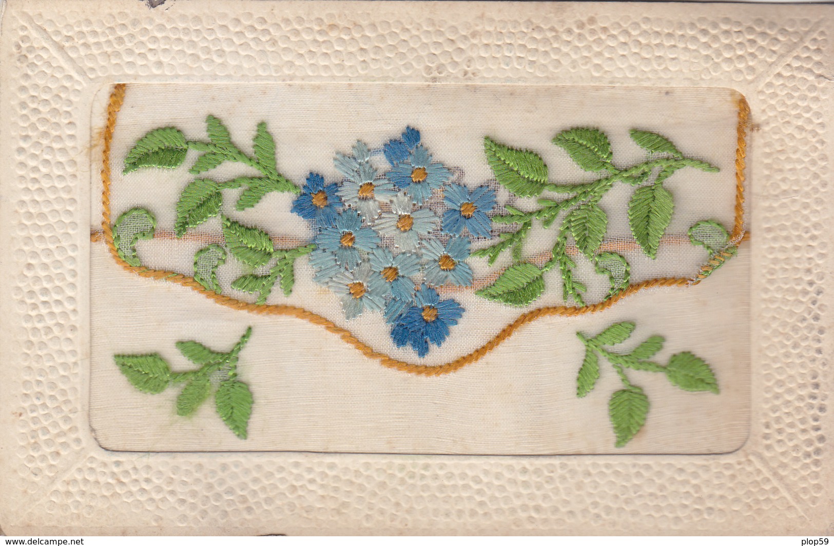 Cpa 2 Scans Carte Vive Saint St Eloi Soie Brodée Enveloppe Petite Fleurs Bleues Gaufrée Circulé 1927 Reckem Belgique - Brodées