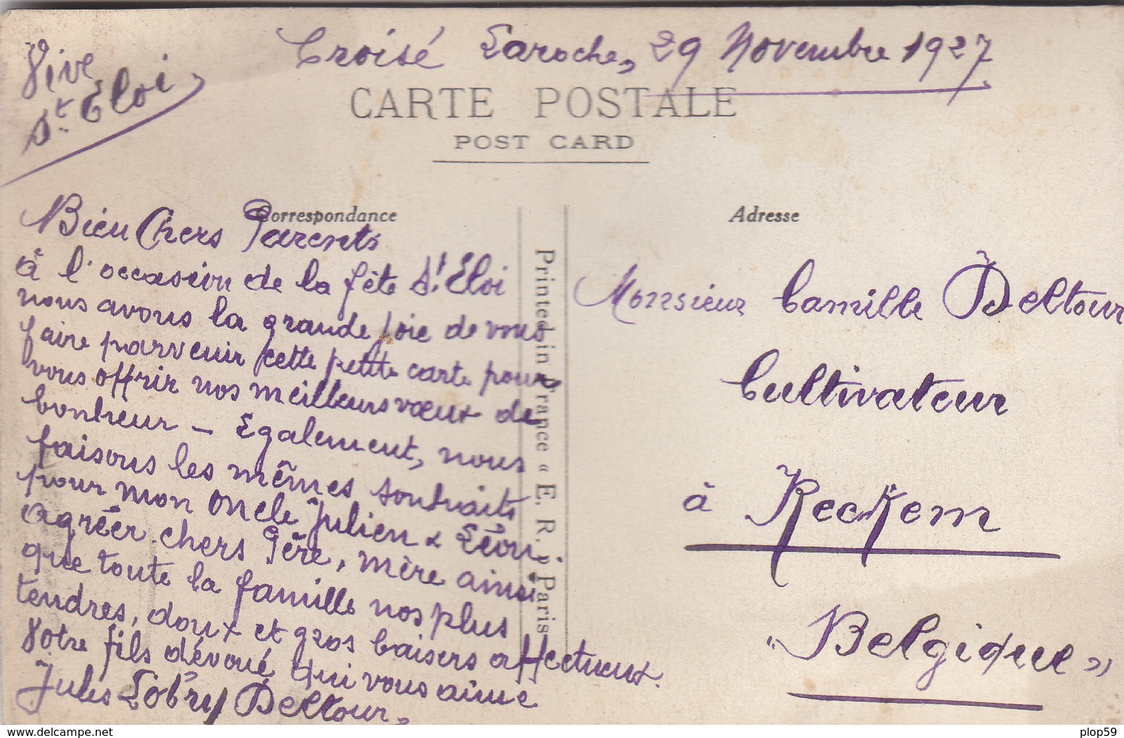 Cpa 2 Scans Carte Vive Saint St Eloi Soie Brodée Enveloppe Petite Fleurs Bleues Gaufrée Circulé 1927 Reckem Belgique - Brodées