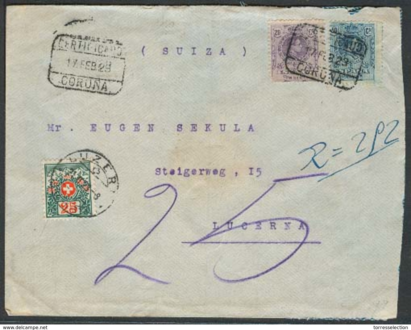 E-ALFONSO XIII. 1929 (17 Feb). 273, 277. Coruña - Suiza. Sobre Cert Y Con Tasa Suiza De Llegada. Preciosa. - Autres & Non Classés