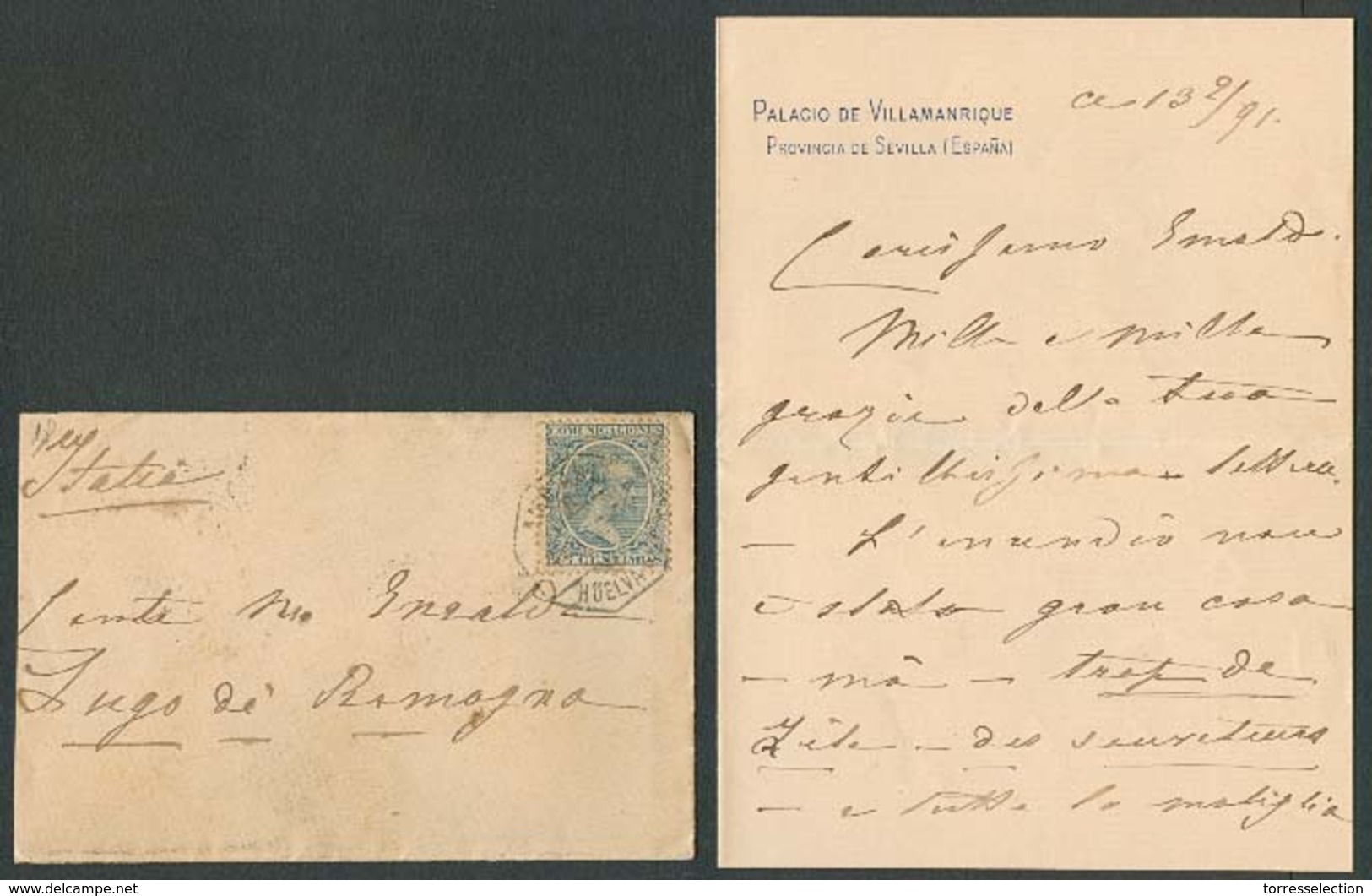 E-PROVINCIAS. 1891 (13 Feb). 221º. Sevilla / Palacio De Villamanrique - Italia. Sobre Franqueado Mat Ambulante Huelva. C - Autres & Non Classés