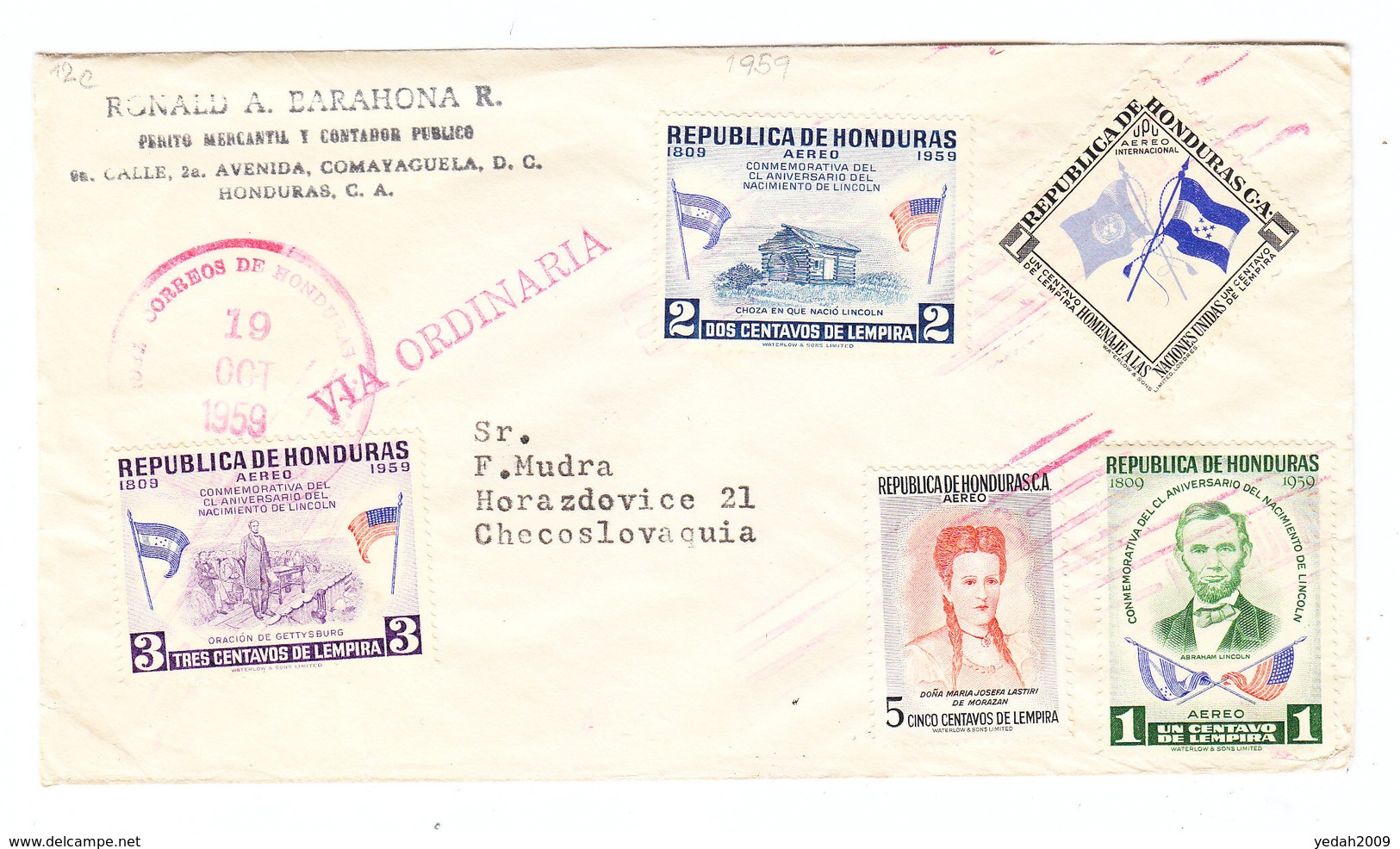 Honduras VIA ORDINARIA COVER 1959 - Honduras