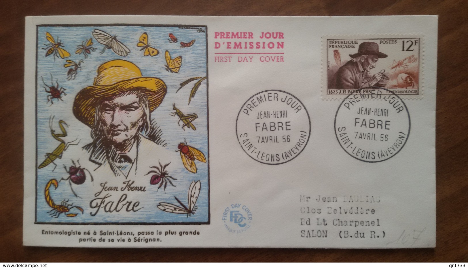 Premier Jour  FDC..  JEAN  HENRI  FABRE .. 1956 .. PARIS - Ohne Zuordnung