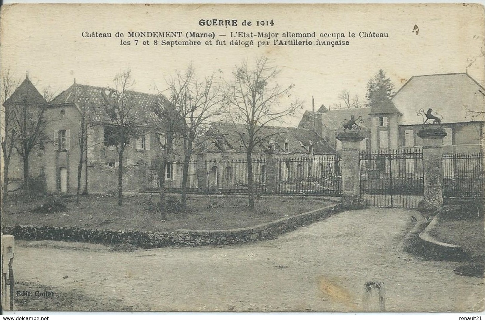 Mondement-Montgivroux-Guerre De 1914-Château De Mondement (Très Légère Corne D'angle Bas à Droite,voir Scan) (CPA) - Autres & Non Classés