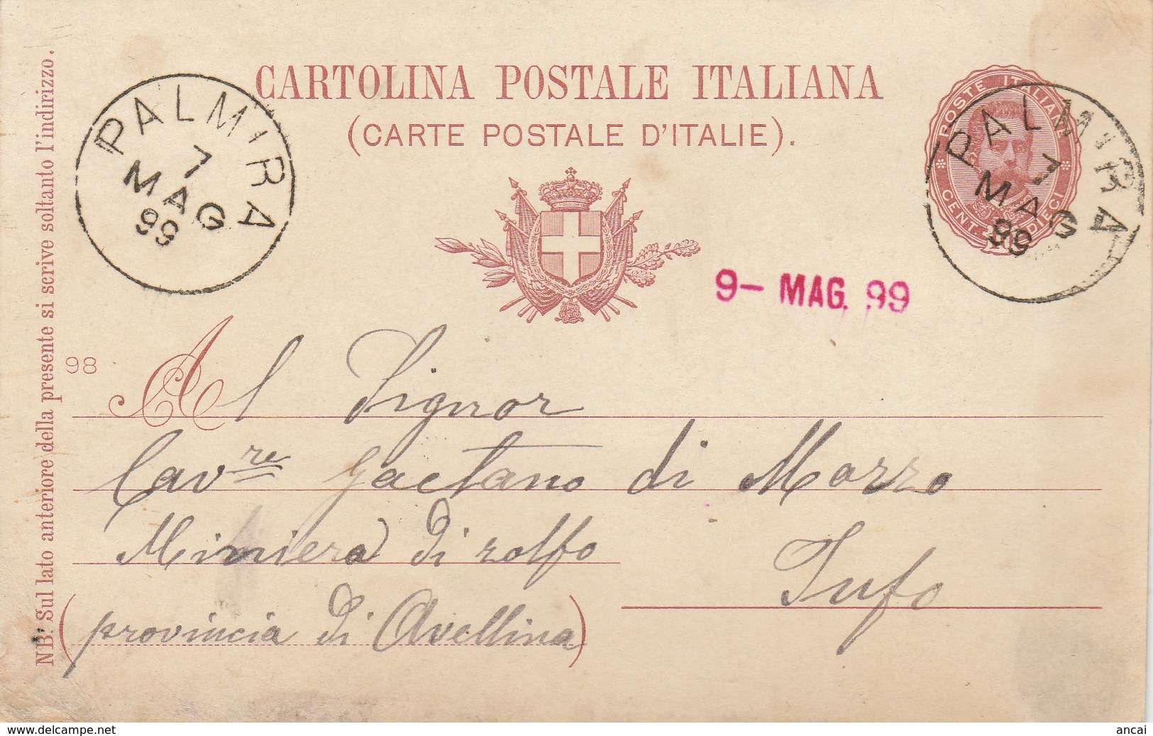 Palmira. 1899. Annullo Grande Cerchio PALMIRA, Su Cartolina Postale, Con Testo - Storia Postale
