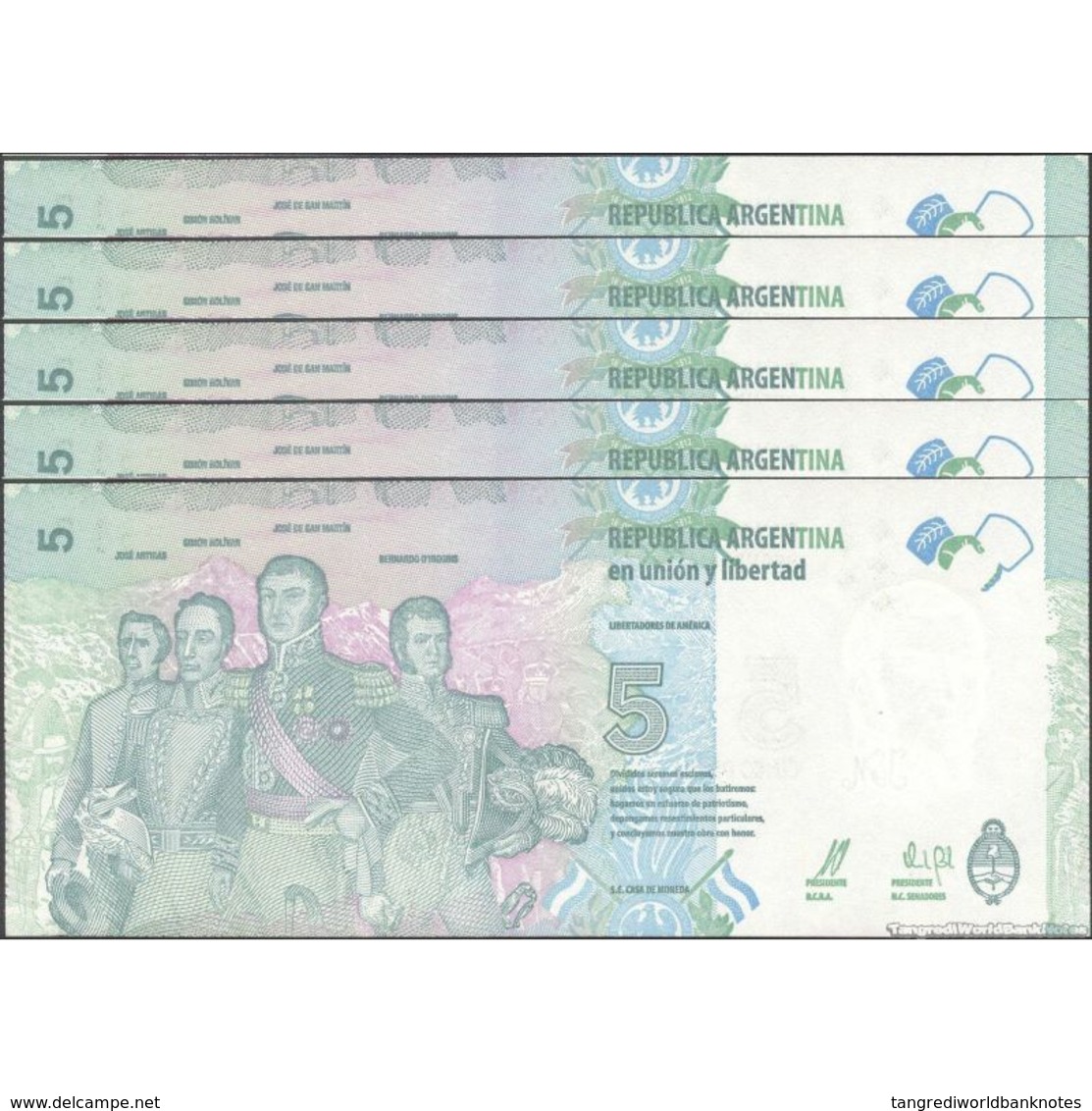 TWN - ARGENTINA 359 - 5 Pesos 2015﻿ DEALERS LOT X 5 - Serie B - Signatures: Vanoli & Boudou﻿ UNC - Argentina