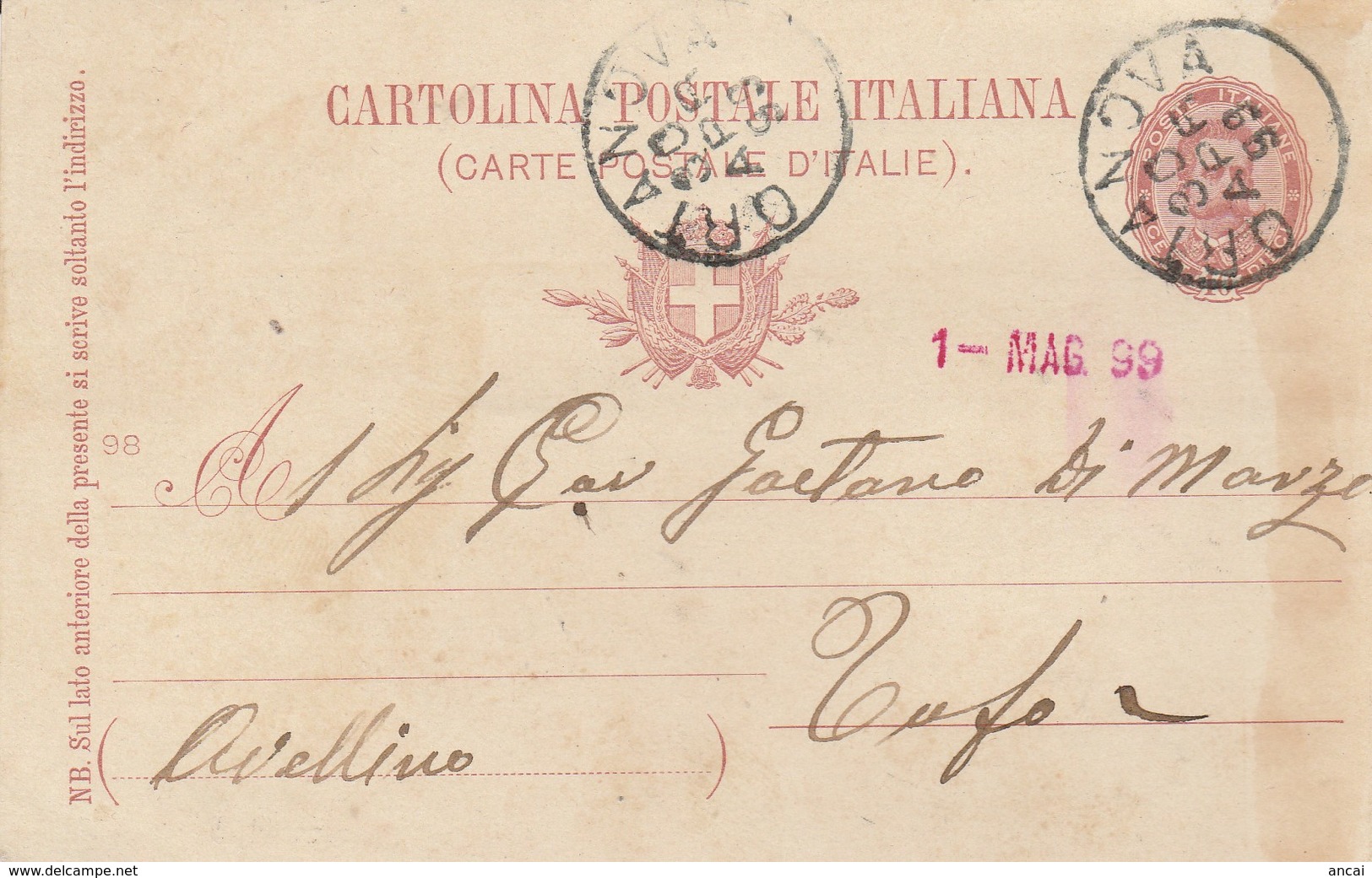Ortanova. 1899. Annullo Grande Cerchio ORTANOVA, Su Cartolina Postale, Con Testo - Storia Postale