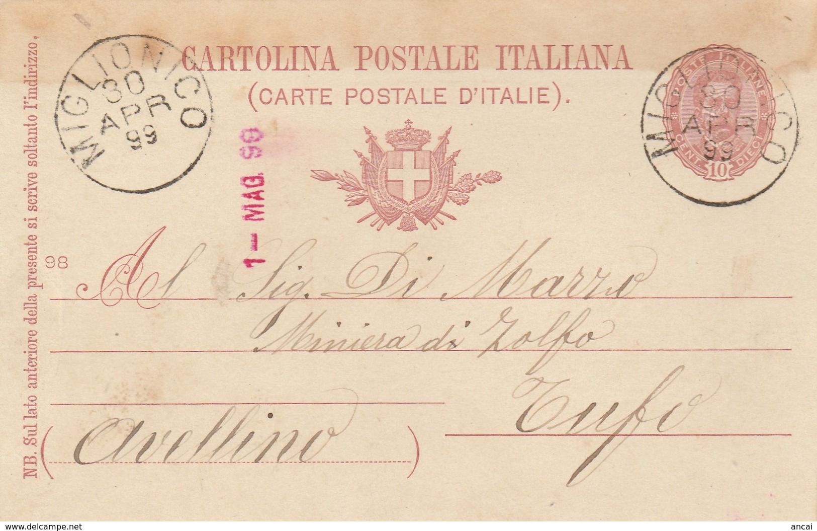 Miglionico. 1899. Annullo Grande Cerchio MIGLIONICO, Su Cartolina Postale, Con Testo - Storia Postale