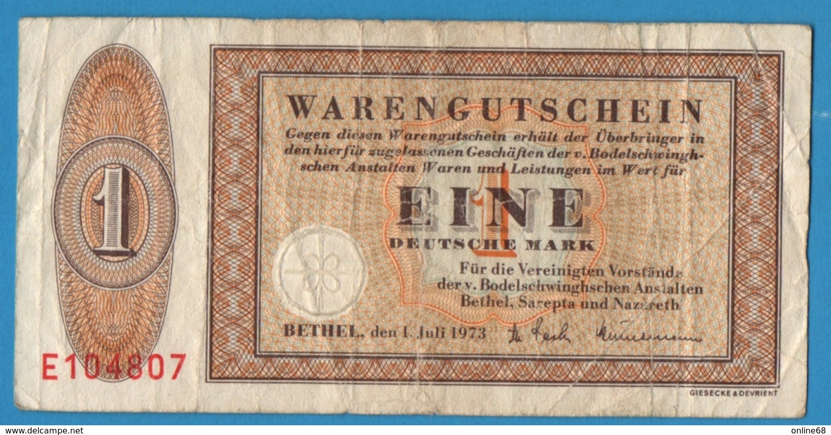 DEUTSCHLAND BETHEL 1 MARK 01.07.1973 Serie E104807 - [11] Local Banknote Issues