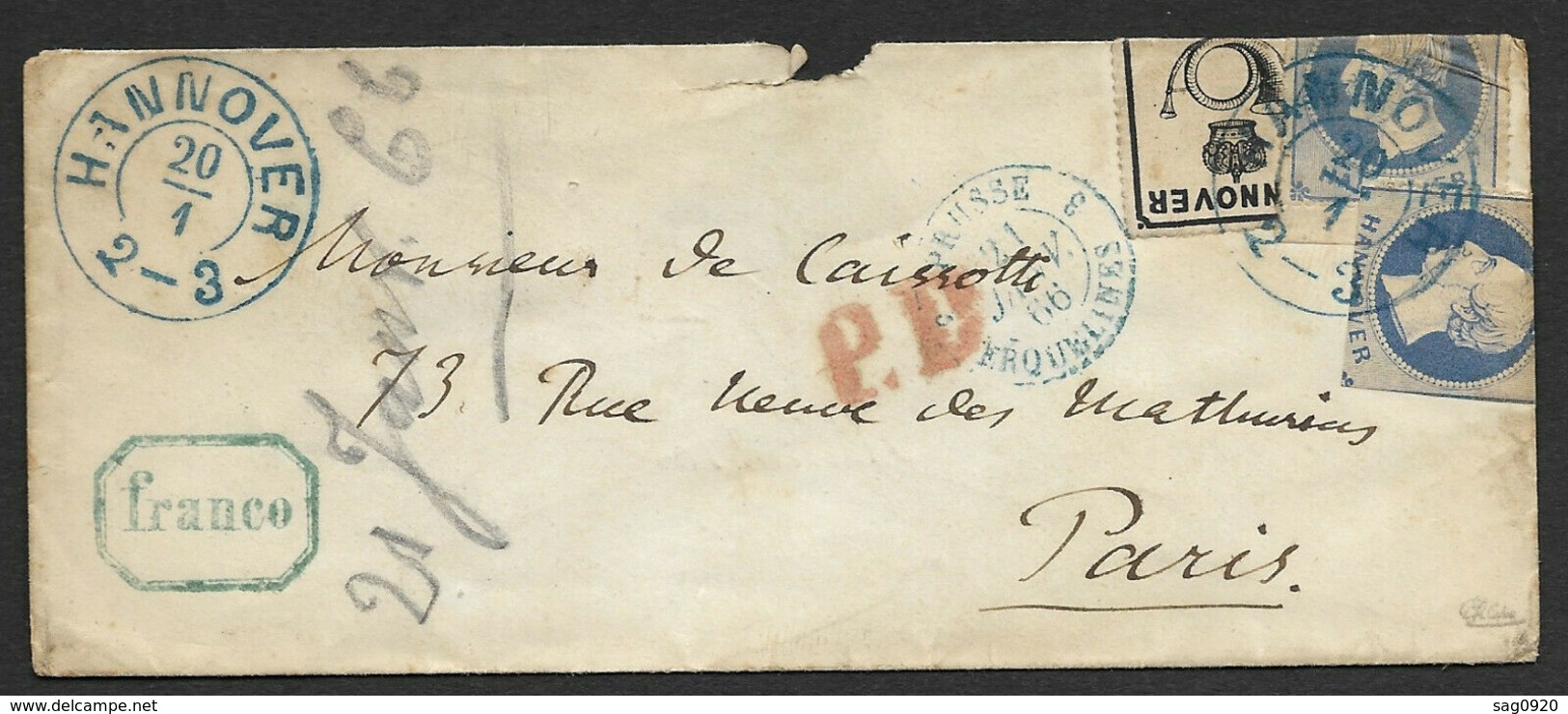 Enveloppe-Hanover-Hanovre-Pour Paris-Cachet Bleu Prusse Erquelines - Hanovre