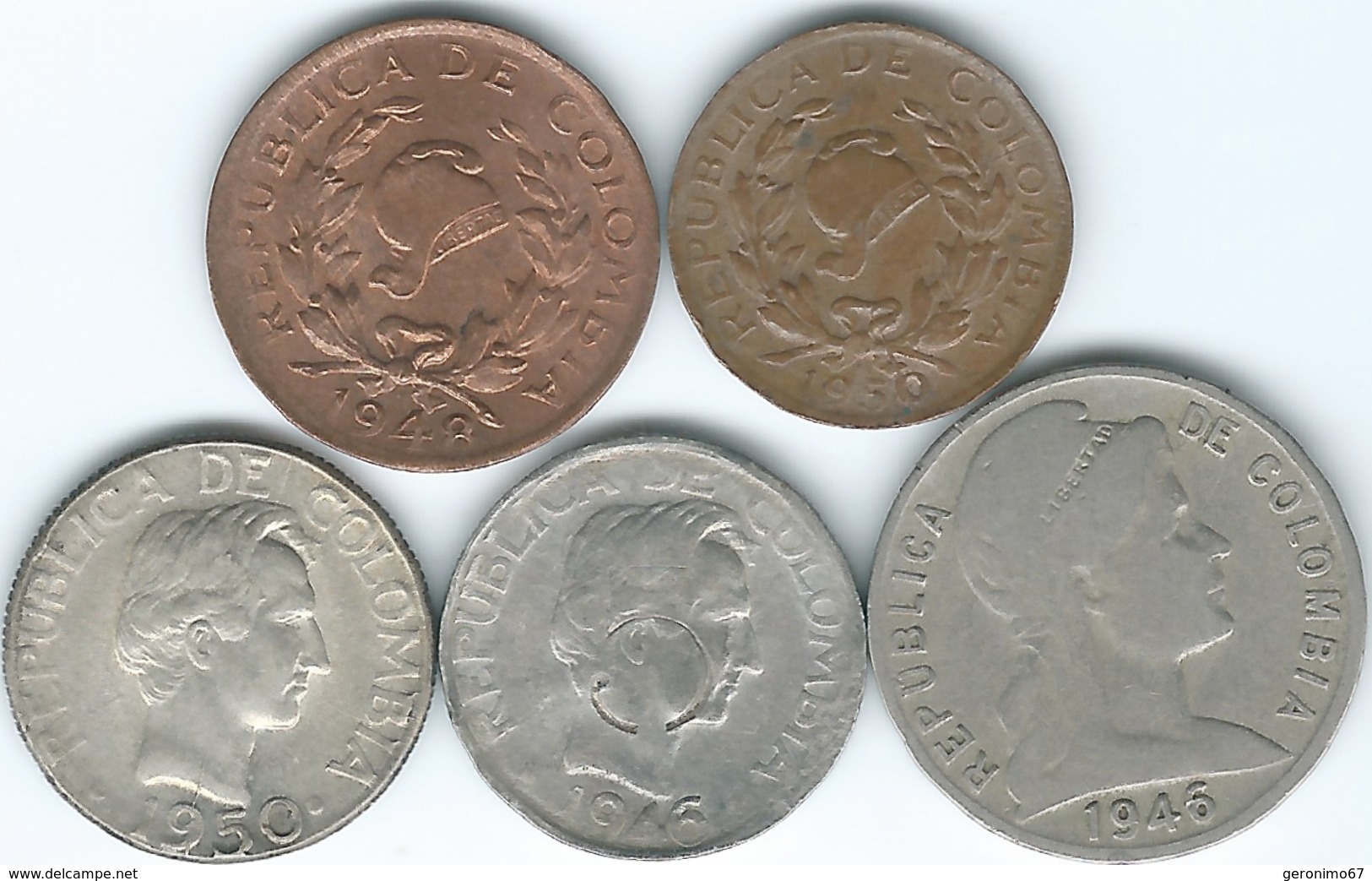 Colombia - 1 (1950), 2 (1948), 5 (1946 - Small Digits) & 10 Centavos (1946 & 1950) (KMs 199, 205, 210, 207.1 & 207.2) - Colombie