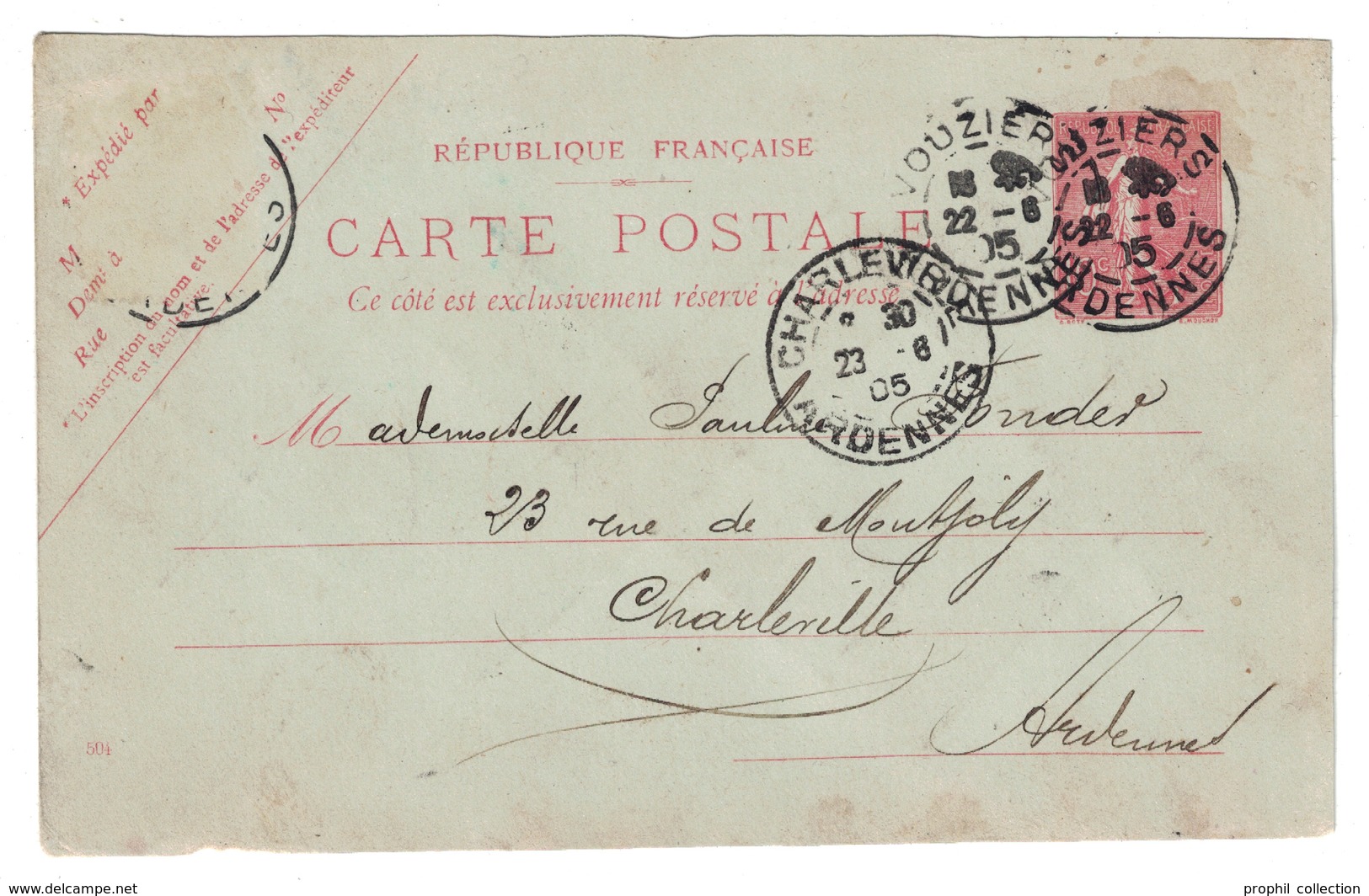 1905 - RARE REPIQUAGE ARTISANAL " CONTROLEUR DES COQS " (MARIAGE) Sur CARTE POSTALE ENTIER SEMEUSE CHARLEVILLE ARDENNES - Cartes Postales Repiquages (avant 1995)