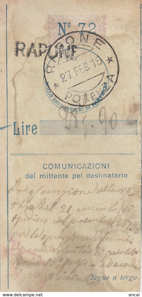 Rapone. 1919. Annullo Guller RAPONE * POTENZA * + Lineare RAPONE, Su Ricevuta Vaglia - Storia Postale