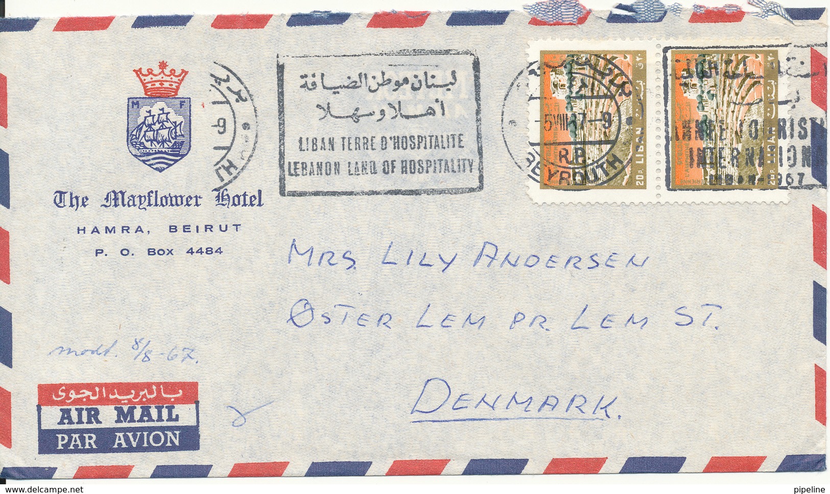 Lebanon Air Mail Cover Sent To Denmark Beyrouth 15-8-1967 - Lebanon