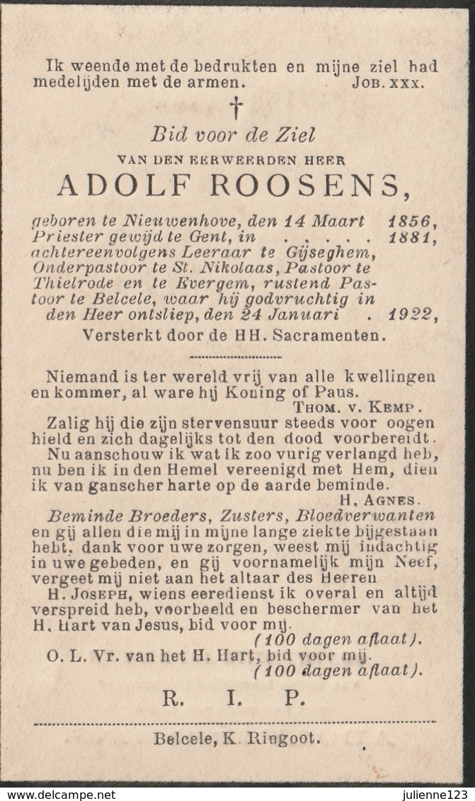GEBOREN TE NIEUWENHOVE 1856+1922 EERW.HEER ADOLF ROOSENS. - Religion & Esotérisme
