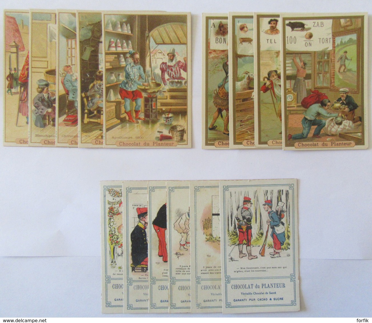 Chocolat Du Planteur - Lot De 15 Chromos Dont Humour Armée, Rébus, Métiers Anciens - Certains Avec Pub A. Leroy - Autres & Non Classés