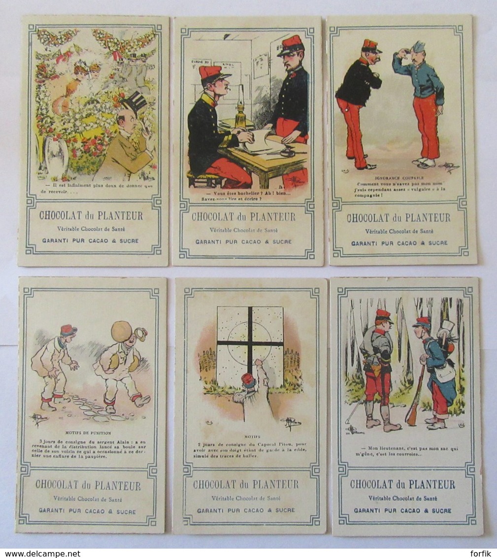 Chocolat du Planteur - Lot de 15 chromos dont humour armée, rébus, métiers anciens - Certains avec pub A. Leroy