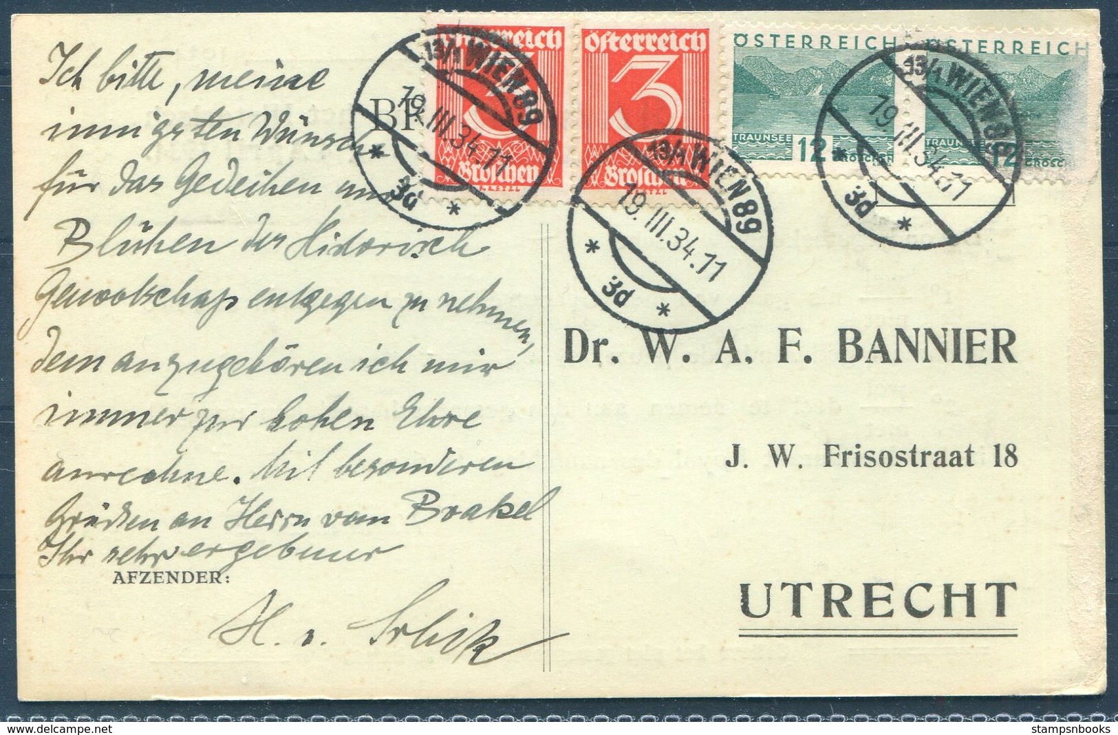 1934 Austria Wien, Historical Society Meeting Postcard - Dr Bannier, Utrecht Holland - Briefe U. Dokumente