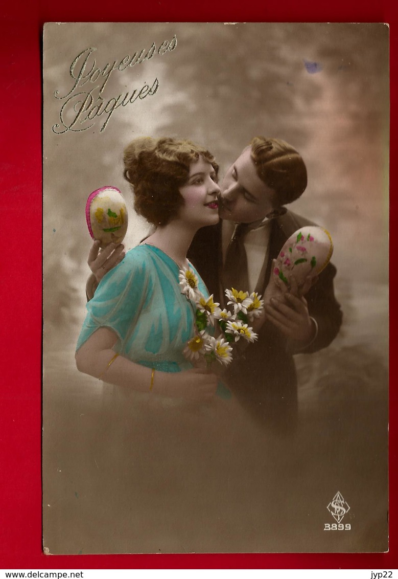 Jolie CP Ancienne Colorisée Joyeuses Pâques - Ed Branger Nanterre 3899 - Couple Fleurs Marguerite Oeuf ... - Pâques
