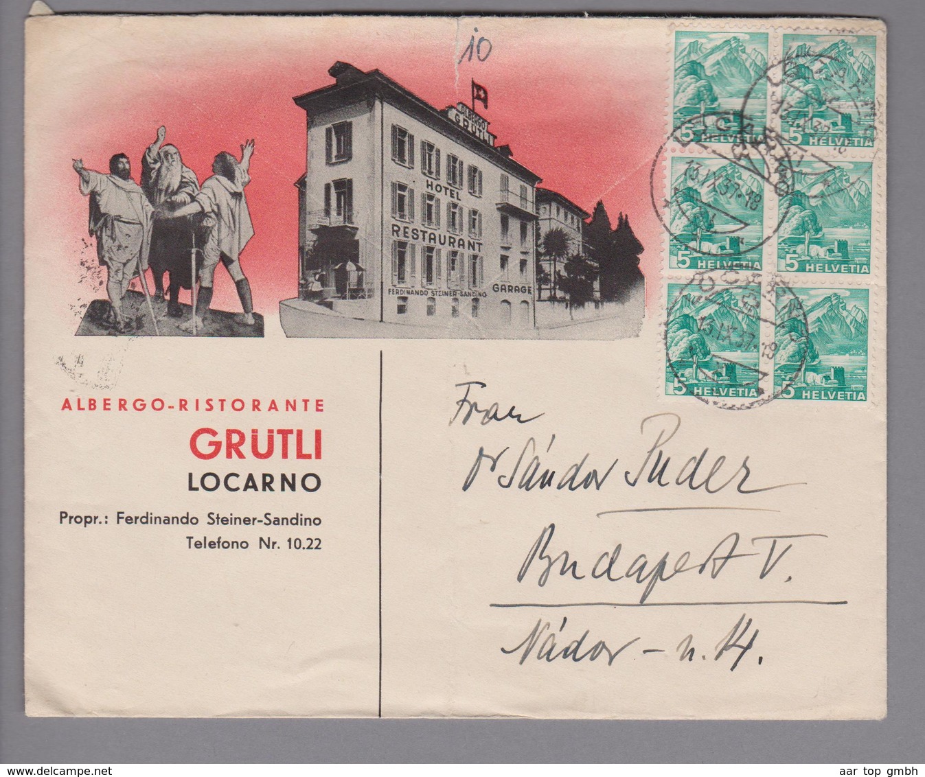 Motiv Hotel Albergo Gütli Lugano Decco-Brief 1937-09-13 - Hôtellerie - Horeca