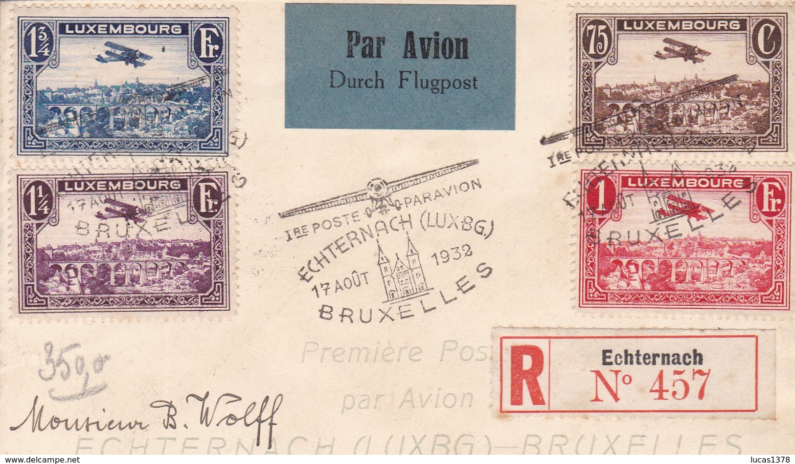 LUXEMBURGO RECOMMANDE / PAR AVION /  PREMIER VOL ECHTERNACH BRUXELLES 1932 - Cartas & Documentos