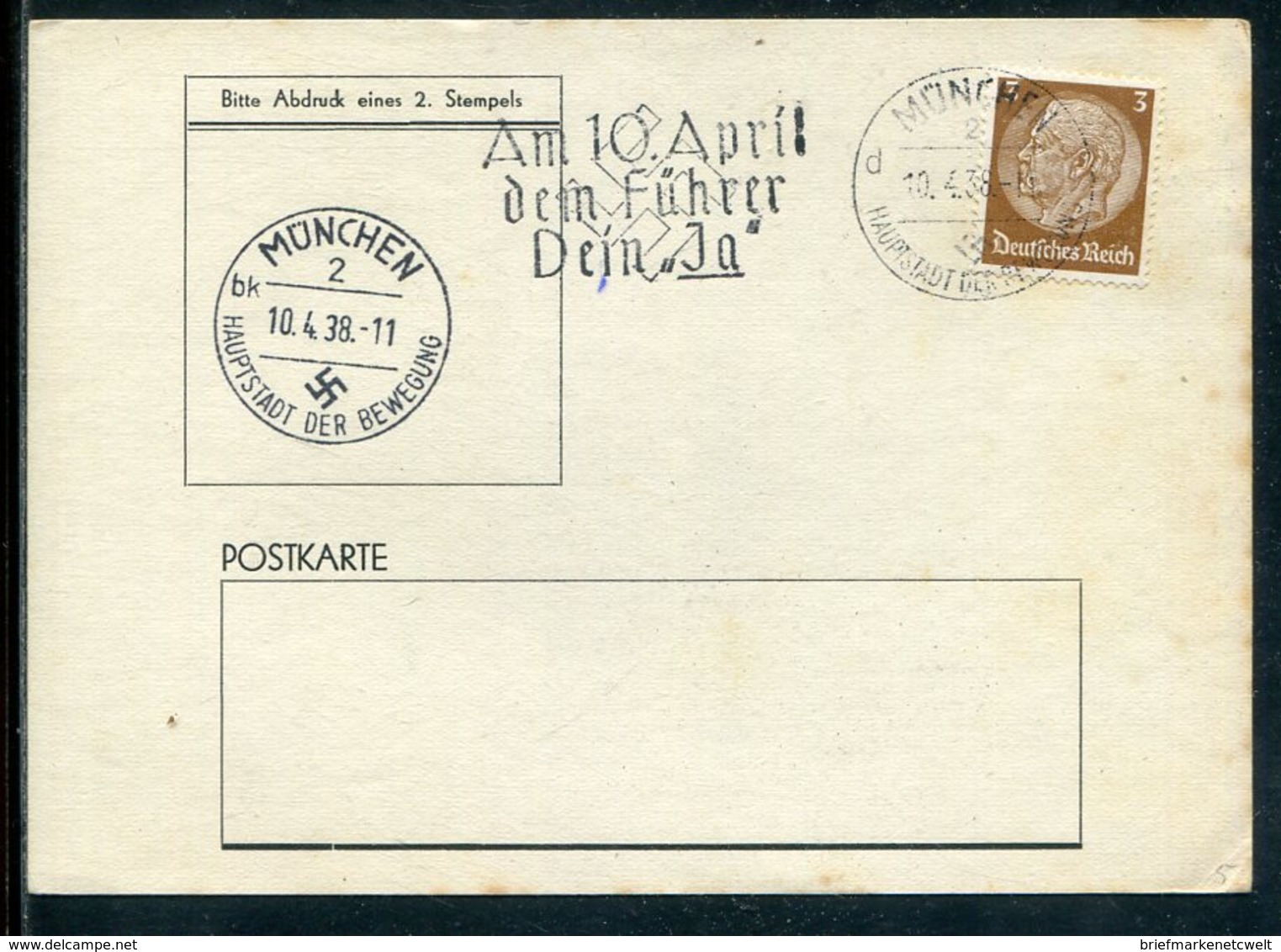 Deutsches Reich / 1938 / Masch.-Stempel Muenchen "Am 10. April Dem Fuehrer Dein Ja" A. Karte, Weiterer Stempel (10836) - Franking Machines (EMA)