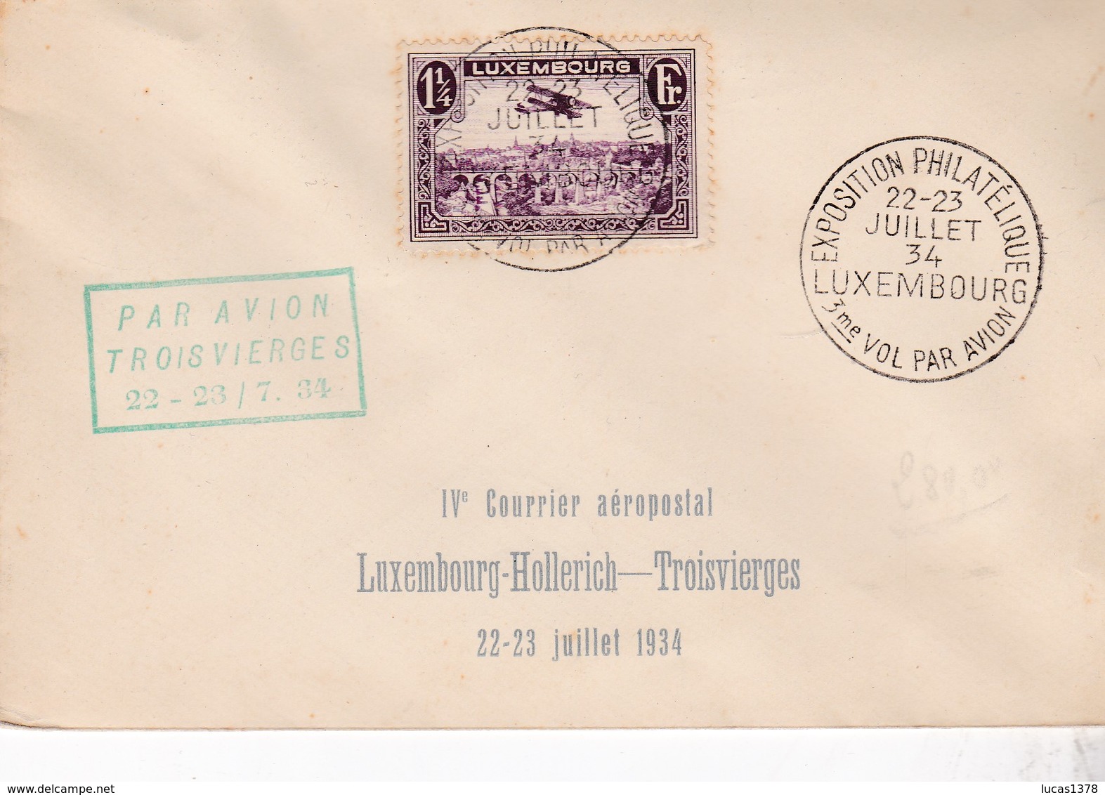 LUXEMBOURG  / PAR AVION / 3 EME VOL HOLLERICH / TROISVIERGES 1934 - Covers & Documents