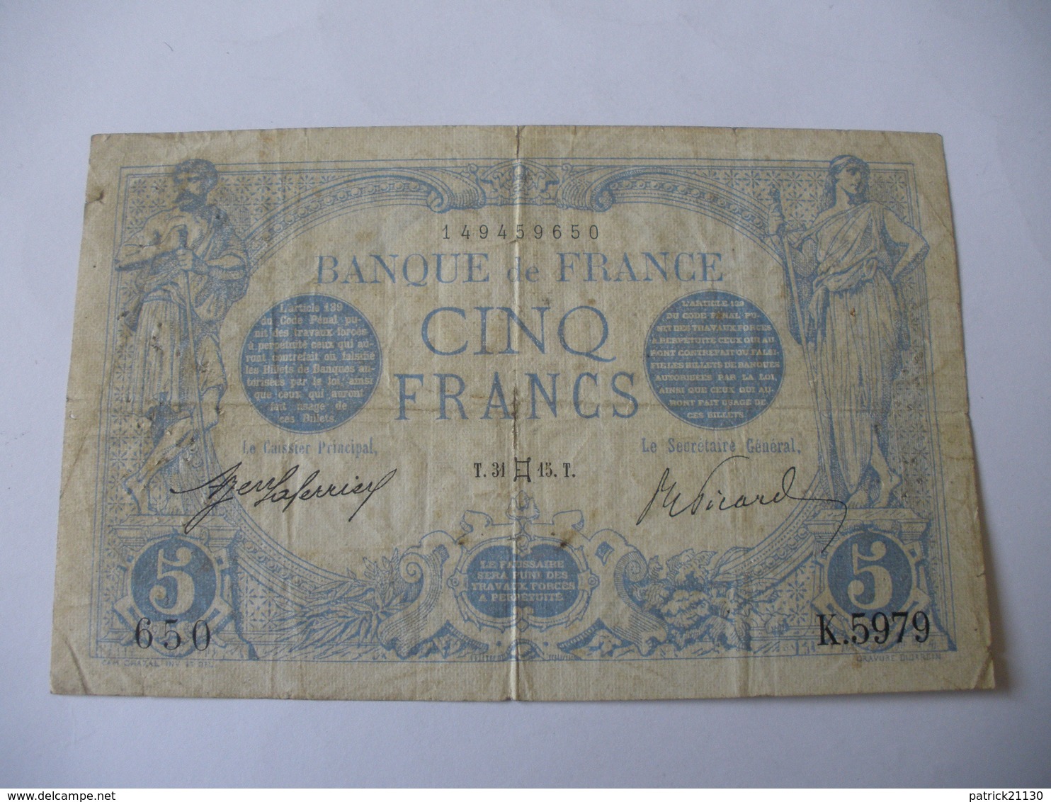 BILLET 5 F BLEU  31/05/1915 FAY 2/27 - 5 F 1912-1917 ''Bleu''