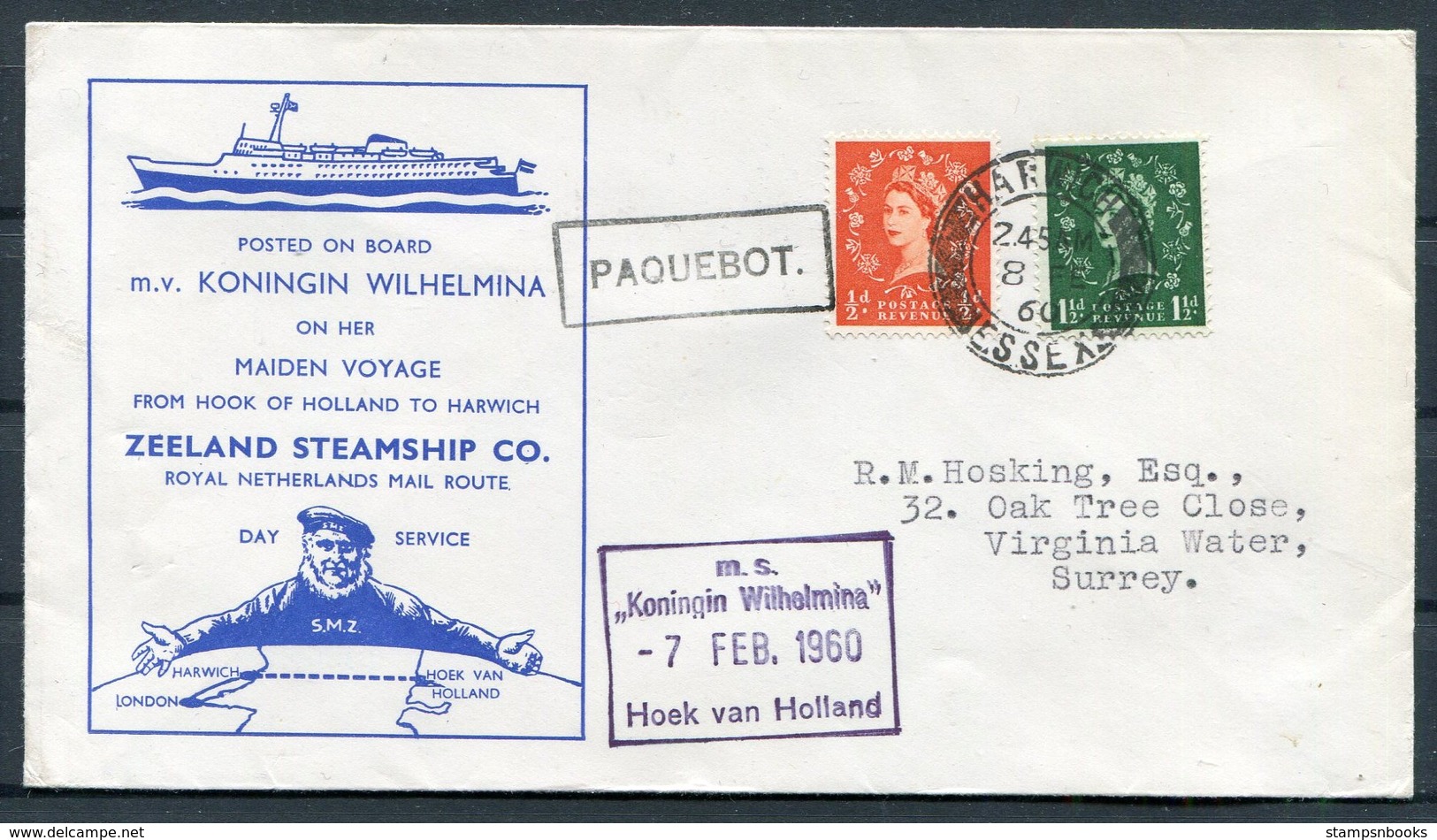 1960 GB Harwich PAQUEBOT Ship Cover. M.V. KONINGIN WILHELMINA Maiden Voyage, Zeeland Steamship Co. Royal Netherlands - Covers & Documents