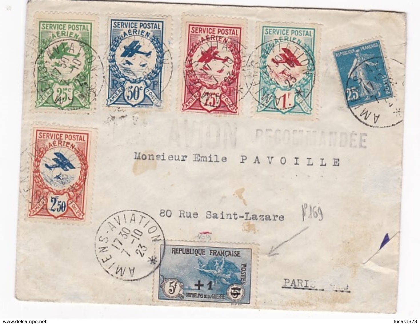 MEETING AVIATION # AMIENS # 1923 # VIGNETTES # SERVICE POSTAL AERIEN #  + 5 Fr ORPHELINS  N 169 !!! - 1960-.... Cartas & Documentos