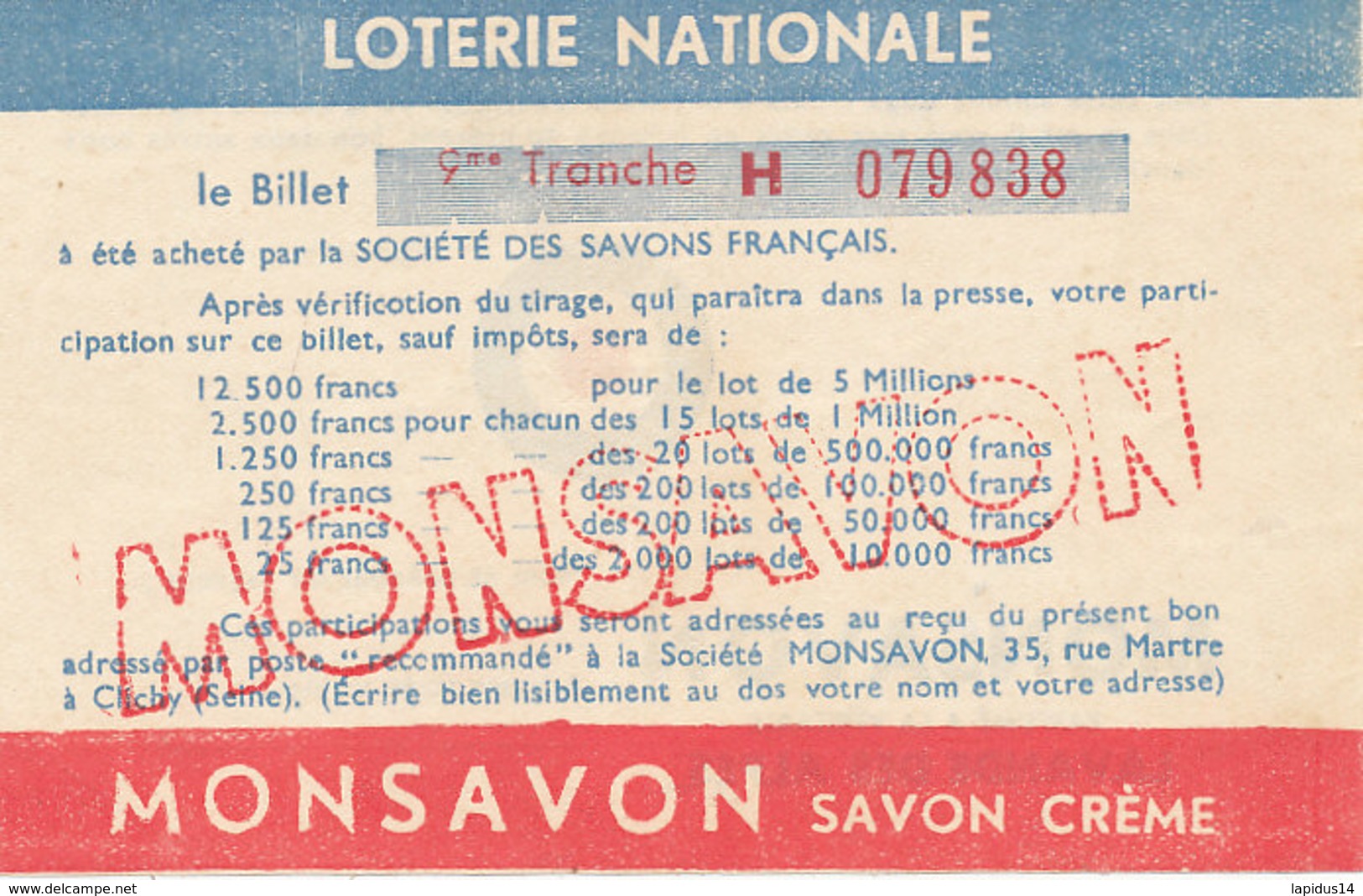 BL 77  / BILLET  LOTERIE NATIONALE   MONSAVON  9 EME TRANCHE - Biglietti Della Lotteria