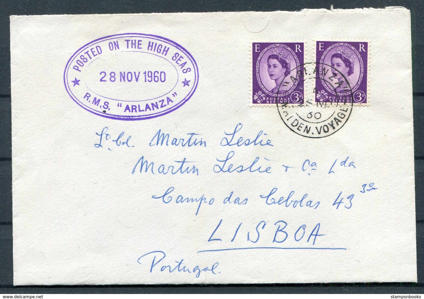 1960 GB PAQUEBOT Ship (Royal Mail Lines) Cover - Lt Col Martin Leslie, Lisbon Portugal. R.M.S. ARLANZA Maiden Voyage - Covers & Documents