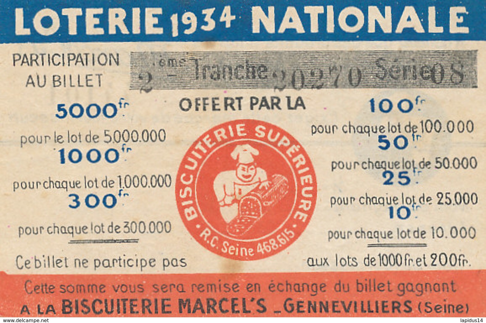BL 79  / BILLET  LOTERIE NATIONALE  BISCUITERIE  MARCEL'S - Billets De Loterie