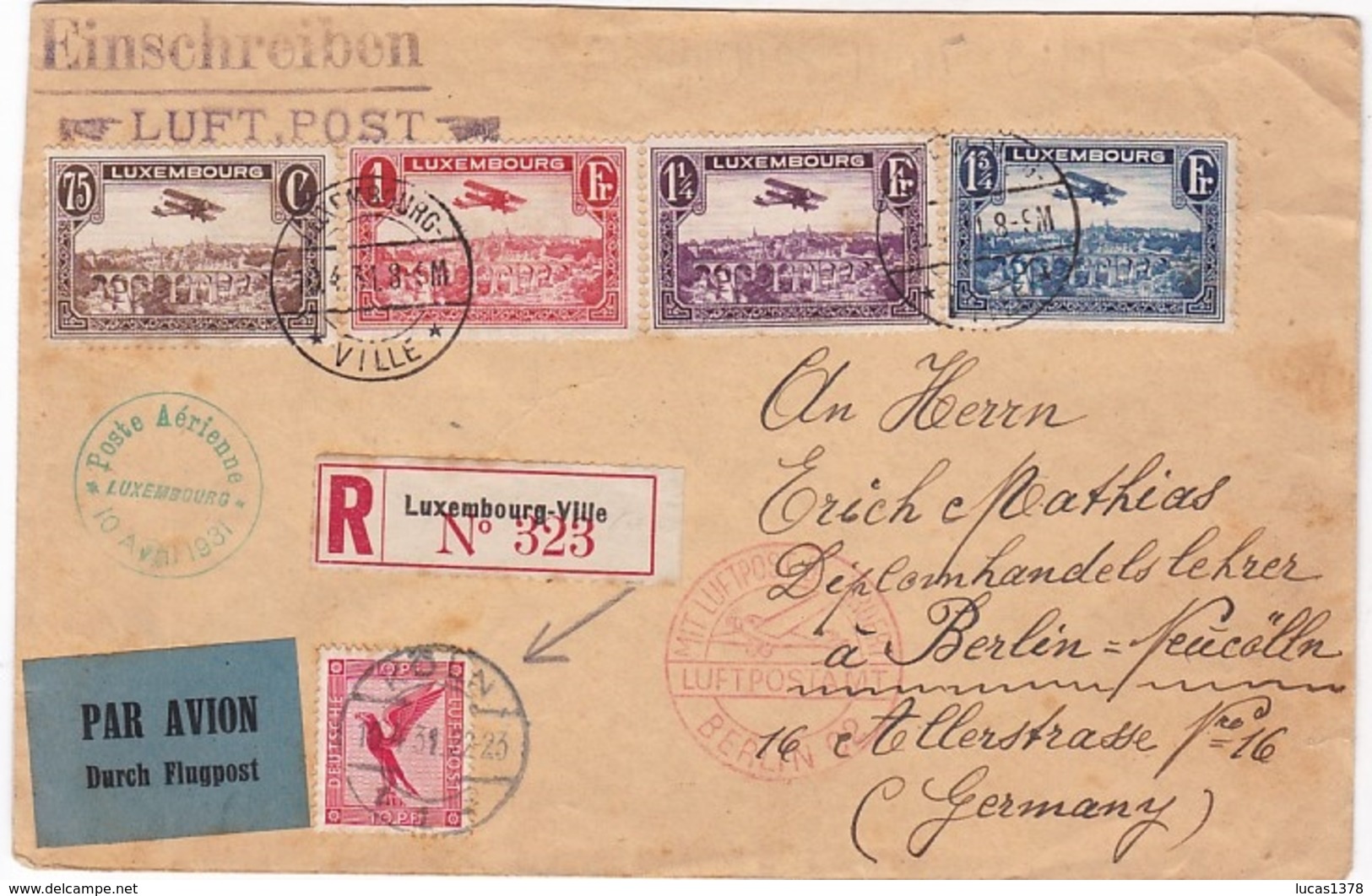 RARE + + / PAR AVION / DURCH FLUGPOST /RECOMMANDE / LUXEMBOURG / EINSCHREIBEN LUFTPOST 1923 - Lettres & Documents