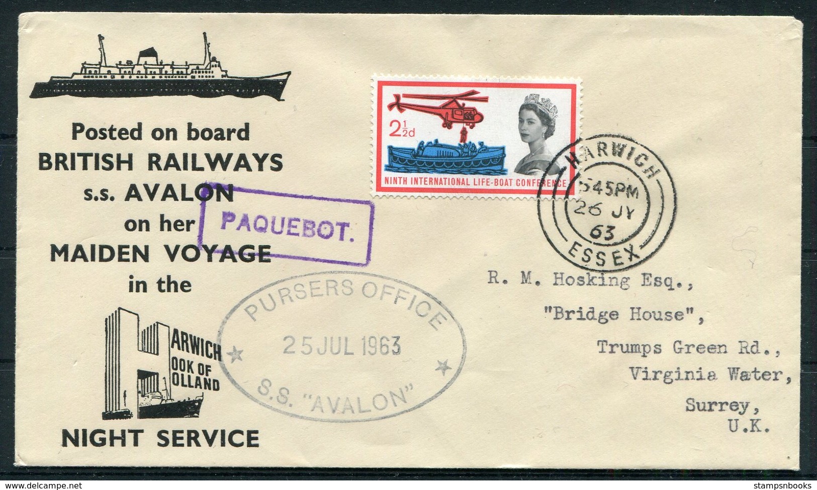 1963 GB / Netherlands 2 X Maiden Voyage British Railways S.S. AVALON Paquebot Ship Covers. Harwich / Hook Of Holland - Covers & Documents